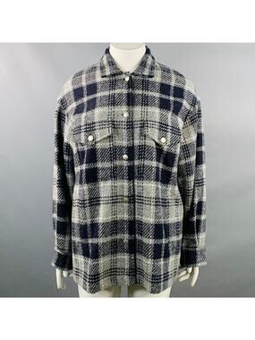 AMINA RUBINACCI Size L Navy Grey Virgin Wool Blend Plaid Shirt Jacket
